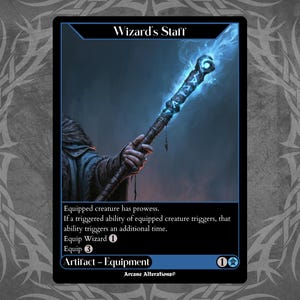 Puede incluir: Una carta coleccionable titulada Wizard's Staff con la ilustración de una mano sosteniendo un bastón mágico azul brillante con símbolos rúnicos. El texto de la carta incluye Equipped creature has prowess, If a triggered ability of equipped creature triggers, that ability triggers an additional time, Equip Wizard 1, Equip 3 y Artifact - Equipment.