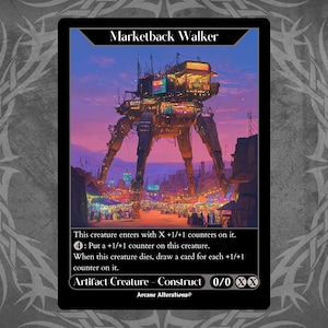 May include: A fantasy trading card depicting a large, multi-level, walking structure with lights and windows. The card is titled "Marketback Walker" and has the text "Artifact Creature - Construct 0/0 XX".