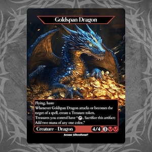 Puede incluir: Una carta de criatura Dragón Goldspan azul y dorada con las habilidades de volar y prisa. Siempre que esta criatura ataque o se convierta en el objetivo de un hechizo, crea una ficha de Tesoro. Los Tesoros que controlas tienen "Sacrificar este artefacto: Añade dos manás de cualquier color." La carta es 4/4 con tres símbolos de maná rojo y un símbolo de maná blanco.