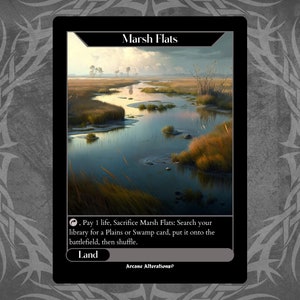 Puede incluir: Una carta de Magic: The Gathering llamada "Marsh Flats". Es una carta de tierra con una imagen de una zona pantanosa con un arroyo de agua que fluye a través de ella. El texto de la carta dice: "Pagar 1 vida, Sacrificar Marsh Flats: Busca en tu biblioteca una carta de Llanura o Pantano, ponla en el campo de batalla, luego baraja."