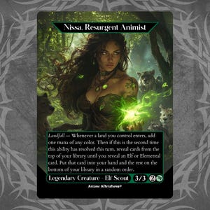 May include: A green, black, and white Magic: The Gathering card featuring Nissa, Resurgent Animist. The card is a Legendary Creature - Elf Scout with a power of 3 and a toughness of 3. The card has a green mana symbol and a white mana symbol in the lower right corner. The card text reads: "Landfall - Whenever a land you control enters, add one mana of any color. Then if this is the second time this ability has resolved this turn, reveal cards from the top of your library until you reveal an Elf or Elemental card. Put that card into your hand and the rest on the bottom of your library in a random order."