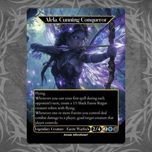 Puede incluir: Una carta de juego de fantasía que representa a una guerrera hada con alas moradas y un arco y flechas. La carta se titula "Alela, Cunning Conqueror" y contiene el texto "Vuelo. Siempre que lances tu primer hechizo durante el turno de tu oponente, crea una ficha de criatura Faerie Rogue negra 1/1 con vuelo. Siempre que una o más Hadas que controlas inflijan daño de combate a un jugador, incita a la criatura objetivo que ese jugador controla. Criatura legendaria - Faerie Warlock 2/4 2".