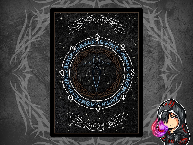 May include: A black card with a white and brown circular design featuring a blue symbol in the center. The card has a starry background and white decorative elements around the border.