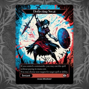 Peut inclure: Une carte Magic: The Gathering avec un fond bleu, rouge et blanc. La carte représente un guerrier tenant une lance et un bouclier. Le texte de la carte est "Deflecting Swat" et "Si vous contrôlez un commandant, vous pouvez lancer ce sort sans payer son coût de mana. Vous pouvez choisir de nouvelles cibles pour le sort ou la capacité ciblée. Instantané 2 Arcane Alterations".