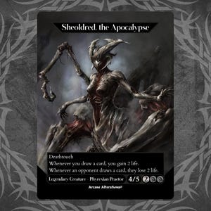 Puede incluir: Una ilustración en blanco y negro de una criatura con una apariencia esquelética y múltiples extremidades. La criatura es un Praetor Phyrexiano llamado Sheoldred, el Apocalipsis. La carta es del juego de cartas coleccionables Magic: The Gathering.