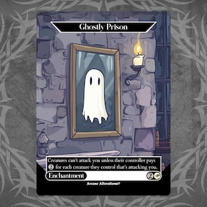 Puede incluir: Una carta de Magic: The Gathering con fondo blanco y borde negro. La carta se titula "Ghostly Prison". El arte de la carta representa una pared de ladrillo con un espejo enmarcado. Un fantasma está atrapado dentro del espejo. El texto de la carta dice: "Las criaturas no pueden atacarte a menos que su controlador pague 2 por cada criatura que controla que te esté atacando. Encantamiento".