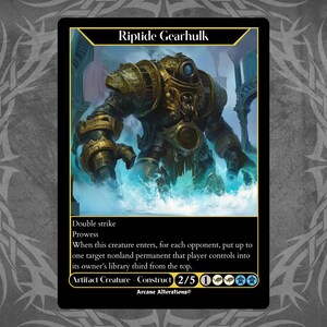 May include: A blue and gold fantasy creature card with the text "Riptide Gearhulk" and "Artifact Creature - Construct 2/5". The card has a blue and gold illustration of a creature with a large, round head and a body made of gears and pipes.