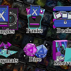 May include: A colorful illustration of different types of trading card game products, including singles, packs, decks, playmats, dice, and sleeves. The image features a blue chest with a lock, a purple and blue dice, and a blue and green sleeve with the text "Arcane Alterat".