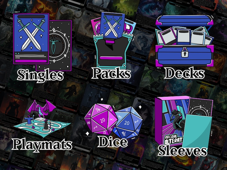 May include: A colorful illustration of different types of trading card game products, including singles, packs, decks, playmats, dice, and sleeves. The image features a blue chest with a lock, a purple and blue dice, and a blue and green sleeve with the text "Arcane Alterat".