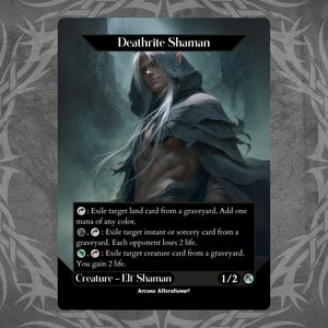 Könnte beinhalten: Fantasy-Karte mit einem Deathrite Shaman. Die Karte zeigt einen hellhäutigen Elf mit langen weißen Haaren und einem dunklen Kapuzenmantel. Text beschreibt die Fähigkeiten der Karte, einschließlich des Exils von Karten aus dem Friedhof.