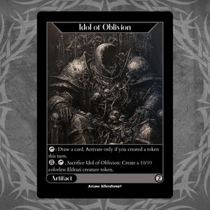 Könnte beinhalten: Eine Schwarzweißillustration einer Kreatur mit einem schädelartigen Kopf, die auf einem Thron sitzt. Die Karte trägt den Titel "Idol of Oblivion" und hat Mana-Kosten von 2. Der Kartentext lautet: "Ziehe eine Karte. Aktiviere nur, wenn du in diesem Zug einen Token erzeugt hast. 8, Opfere Idol of Oblivion: Erzeuge einen 10/10 farblosen Eldrazi-Kreaturen-Token. Artefakt."