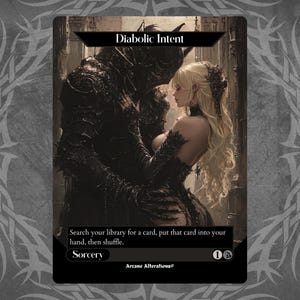 Può includere: Un'illustrazione in bianco e nero di una carta di magia con il titolo "Diabolic Intent". Il testo della carta recita "Cerca nella tua biblioteca una carta, metti quella carta nella tua mano, poi mescola." La carta è una stregoneria e costa 1 mana nero.