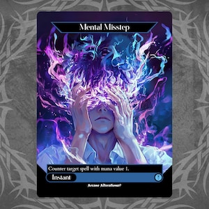May include: A Magic: The Gathering card with a blue and purple background. The card is titled "Mental Misstep" and has the text "Counter target spell with mana value 1. Instant".