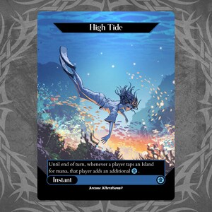 May include: A fantasy card featuring an underwater scene with a diver. The card is titled "High Tide" and includes game text. The diver is wearing a light blue outfit and fins, with long, flowing hair. The background shows coral and bubbles.