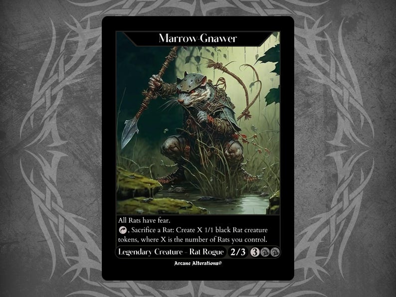 Puede incluir: Una carta de juego de fantas&iacute;a con una ilustraci&oacute;n en blanco y negro de una criatura parecida a una rata que sostiene una lanza. La carta se titula "Marrow-Gnawer" y tiene el texto "All Rats have fear. , Sacrifice a Rat: Create X 1/1 black Rat creature tokens, where X is the number of Rats you control. Legendary Creature - Rat Rogue 2/3 3 Arcane Alterations".
