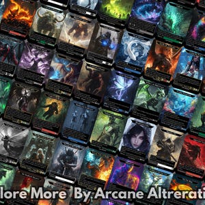 May include: A collection of fantasy-themed playing cards with various illustrations of creatures, characters, and scenes. The cards have a black background with gold accents and white text. The text on the cards reads "Explore More By Arcane Alterations".