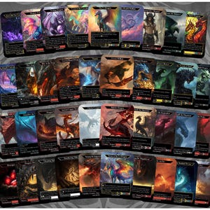 May include: A collection of rectangular trading cards arranged in four horizontal rows, each featuring vibrant, detailed fantasy illustrations of dragons and mythical creatures with printed text, black borders, and colourful game icons at the bottom.