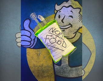 May include: A green and white IV bag with the words "No For Food" written on it. The bag is held by a cartoon character with a thumbs up.