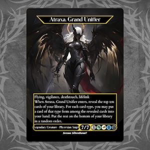 May include: A fantasy trading card featuring a black and white illustration of a winged angel with a sword. The card text reads "Atraxa, Grand Unifier" and includes the text "Flying, vigilance, deathtouch, lifelink". The card is a Phyrexian Angel with a power of 7 and a toughness of 7.