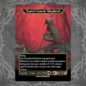 May include: A fantasy art card featuring "Szarel, Genesis Shepherd." The artwork depicts a hooded figure with a staff in a red forest. The card includes text describing its abilities and stats. The card is a Legendary Creature - Insect Druid.