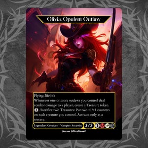Könnte beinhalten: Olivia, Opulente Gesetzlose, eine Magic: The Gathering Karte mit einer rothaarigen Frau in einem Cowboyhut und einem rot-schwarzen Outfit, die eine Waffe hält. Der Kartentext lautet "Fliegen, Lebensverknüpfung. Wann immer ein oder mehrere Gesetzlose, die du kontrollierst, einem Spieler Kampfschaden zufügen, erzeuge einen Schatz-Marker. , Opfere zwei Schätze: Lege zwei +1/+1-Marker auf jede Kreatur, die du kontrollierst. Aktiviere nur als Sorcery. (Legendäre Kreatur - Vampir-Attentäter 3/3 1 Arcane Alterations"