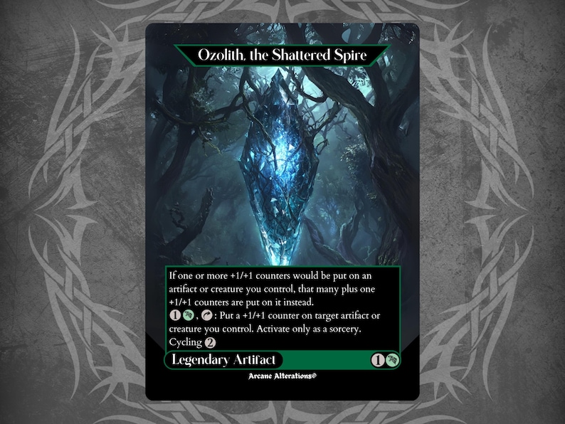 May include: A Magic: The Gathering card depicting a blue crystal shard with a green and brown forest background. The card is titled "Ozolith, the Shattered Spire" and is a Legendary Artifact with a mana cost of 1 green and 1 colorless. The card text reads: "If one or more +1/+1 counters would be put on an artifact or creature you control, that many plus one +1/+1 counters are put on it instead. 00.0: Put a +1/+1 counter on target artifact or creature you control. Activate only as a sorcery. Cycling 2."