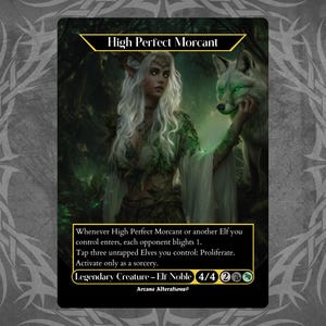 Könnte beinhalten: Fantasy-Art-Karte mit einer Frau mit langen weißen Haaren und spitzen Ohren, gekleidet in grüne und weiße Roben, mit einem weißen Fuchs. Die Karte trägt die Aufschrift "High Perfect Morcant" und enthält Spieltext und -statistiken.