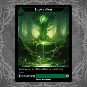 Może przedstawiać: Karta fantasy z zieloną i czarną obwódką, przedstawiająca bujną, świecącą scenę leśną. Karta jest oznaczona jako "Eksploracja" na górze i "Zaklęcie" na dole. Tekst na karcie brzmi "Możesz zagrać dodatkową krainę w każdej ze swoich tur."