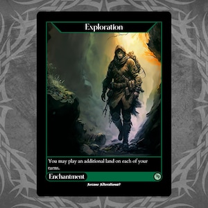 Può includere: Una carta verde e nera di Magic: The Gathering con il testo "Exploration" e il testo "Puoi giocare una terra aggiuntiva in ognuno dei tuoi turni." La carta presenta una figura incappucciata che cammina lungo un sentiero oscuro e boschivo.
