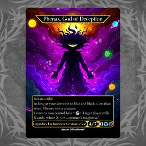 Puede incluir: Carta de fantasía con la silueta de una figura oscura sobre un fondo cósmico púrpura y azul. La carta dice "Phenax, God of Deception" e incluye texto del juego y una clasificación de poder/resistencia de 4/7.