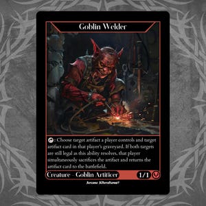以下が含まれることがあります： 赤いゴブリンが溶接している黒いカード。カードには「Goblin Welder」と「Creature - Goblin Artificer」と書かれています。カードのパワー/タフネスは1/1で、ゲームテキストが含まれています。