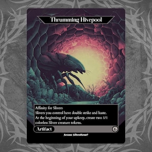 May include: A fantasy art card titled "Thrumming Hivepool" featuring a cavernous scene with a large insectoid creature. The card has a black border with text describing its abilities and is labeled as an artifact.