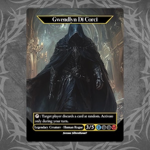 Peut inclure: Une carte Magic: The Gathering en noir et blanc représentant une silhouette encapuchonnée dans une pièce sombre. La carte est intitulée "Gwendlyn Di Corci" et porte le texte "Target player discards a card at random. Activate only during your turn." La carte est une créature légendaire - Rogue humain avec une puissance de 3 et une résistance de 5.