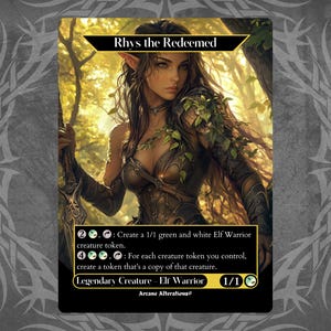 May include: A fantasy trading card featuring a green and white elf warrior with long brown hair and a sword. The card text reads "Rhys the Redeemed" and includes the text "Create a 1/1 green and white Elf Warrior creature token." and "For each creature token you control, create a token that's a copy of that creature."