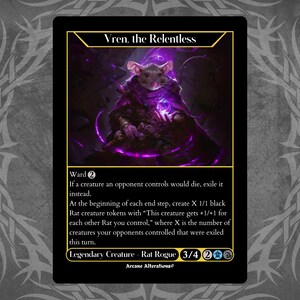 May include: A fantasy trading card featuring a purple and black illustration of a rat wearing a hooded cloak and holding a glowing orb. The card text reads "Vren, the Relentless" and includes the text "Ward 2". The card is a Legendary Creature - Rat Rogue with a power of 3 and a toughness of 4. The card has two blue mana symbols, one white mana symbol, and one black mana symbol.