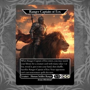 May include: A fantasy trading card depicting a knight riding a lion. The card is titled "Ranger-Captain of Eos" and has a 3/3 power and toughness rating. The card text reads: "When Ranger-Captain of Eos enters, you may search your library for a creature card with mana value 1 or less, reveal it, put it into your hand, then shuffle. Sacrifice Ranger-Captain of Eos: Your opponents can't cast noncreature spells this turn."