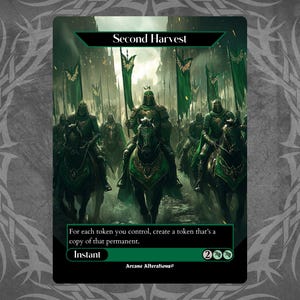 Peut inclure: Une carte Magic: The Gathering verte et noire avec le texte "Second Harvest" et le texte "Pour chaque jeton que vous contrôlez, créez un jeton qui est une copie de ce permanent." La carte a un symbole de mana vert et un symbole de mana blanc.