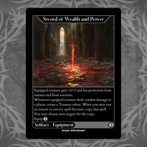 Può includere: Un'illustrazione in stile fantasy di una spada di ricchezza e potere. La spada è dorata e rossa ed è circondata da monete d'oro. Il testo "Sword of Wealth and Power" è in cima alla carta. La carta è nera con un bordo bianco.