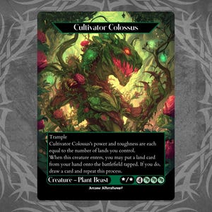 Może przedstawiać: Karta fantasy z Cultivatorem Colossem, zielono-czerwoną roślinopodobną istotą, z tekstem "Trample" i instrukcjami gry. Karta ma czarną obwódkę i dekoracyjne tło.