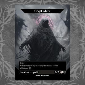 Könnte beinhalten: Eine Fantasy-Karte mit dem Crypt Ghast, einer geisterhaften Gestalt mit dunkler, verhüllter Form und leuchtender Aura. Die Karte enthält Text, der seine Fähigkeiten und Werte detailliert, mit dem Kreaturentyp Geist.