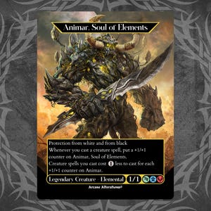 May include: A fantasy trading card featuring a large, gray, rock-like creature with horns and a sword. The card is titled "Animar, Soul of Elements" and has a power and toughness of 1/1. The card text reads: "Protection from white and from black. Whenever you cast a creature spell, put a +1/+1 counter on Animar, Soul of Elements. Creature spells you cast cost 1 less to cast for each +1/+1 counter on Animar."