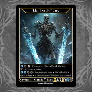 Może przedstawiać: Fantastyczna karta kolekcjonerska przedstawiająca szkieletową istotę z dwoma mieczami, zatytułowaną "Lich Lord of Unx". Tekst karty brzmi: "Stwórz 1/1 niebieski i czarny token stworzenia Zombie Czarodziej. : Wybrany gracz traci X punktów życia i odrzuca X kart, gdzie X to liczba Zombie, które kontrolujesz. Istota - Zombie Czarodziej 2/2 1 ".