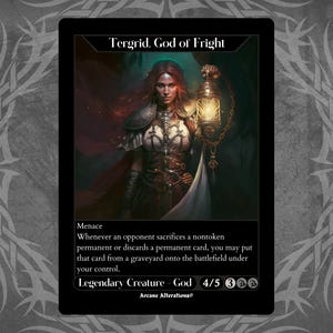 Könnte beinhalten: Eine Fantasy-Kartenspielkarte mit einer Frau mit roten Haaren, die eine Laterne hält. Die Karte trägt den Titel "Tergrid, Gott des Schreckens" und enthält den Text "Menace" und "Immer wenn ein Gegner ein Nicht-Token-Dauerhaftes opfert oder eine Dauerhafte Karte ablegt, kannst du diese Karte vom Friedhof auf das Schlachtfeld unter deine Kontrolle legen." Die Karte ist eine Legendäre Kreatur - Gott mit einer Stärke von 4 und einer Widerstandsfähigkeit von 5. Sie kostet 3 farblose Mana, 1 schwarzes Mana und 1 rotes Mana.