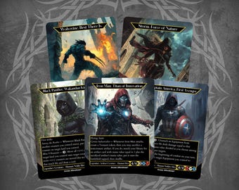 May include: Five trading cards featuring Marvel superheroes. The cards are black with gold trim and feature images of Wolverine, Storm, Black Panther, Iron Man, and Captain America. The cards have text that includes the character's name and a description of their abilities.