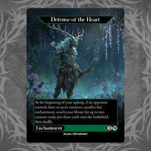 May include: A fantasy card titled "Defense of the Heart" features a forest scene with a creature holding a bow. The card has a green banner with the title and the text "Enchantment". The card's background is a dark gray with a decorative pattern.