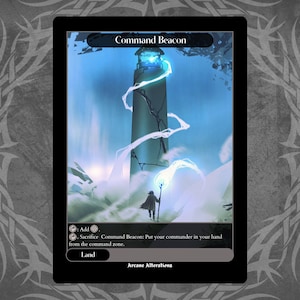 May include: A Magic: The Gathering card called "Command Beacon". The card is a land card with a blue and white color scheme. The card art depicts a tall, stone tower with a blue light emanating from the top. A figure in a blue robe stands at the base of the tower, holding a staff.