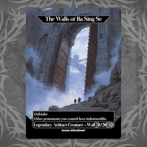 Pode incluir: Um cartão de fantasia com uma grande muralha de pedra com um portão aberto, o texto "The Walls of Ba Sing Se" está no topo. O cartão inclui o texto "Defender" e "Legendary Artifact Creature - Wall 0/30 8".