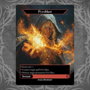 Puede incluir: Una carta de Magic: The Gathering con fondo rojo y texto negro. La carta se titula "Pyroblast" y presenta a un mago sosteniendo una bola de fuego. El texto de la carta dice: "Elige uno - Contrarresta el hechizo objetivo si es azul. Destruye el permanente objetivo si es azul. Instantáneo".