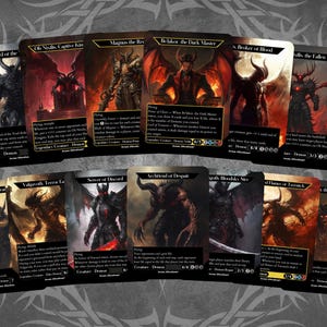 May include: A set of ten black and red fantasy trading cards featuring illustrations of demons with wings and horns. The cards have text on them, including the names "Lord of the", "Oh Nisis Captive Kin", "Magnus the Rev", "Belakor, the Dark Master", "Broker of Blood", "Falls the Fallen", "Gatehell", "Valgeith Terror La", "Server of Discord", "Archfiend of Despair", "Gorgath Bloodsky", "Lament of Tormenti", and "The Foulblooded".