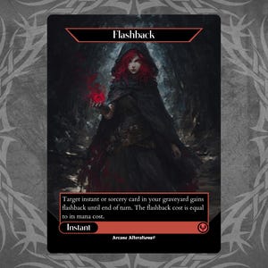Puede incluir: Una tarjeta negra con la palabra "Flashback" en texto rojo en la parte superior. La tarjeta presenta una ilustración de una figura vestida con una túnica con cabello rojo sosteniendo un orbe rojo brillante. El texto "Instant" está en la parte inferior.